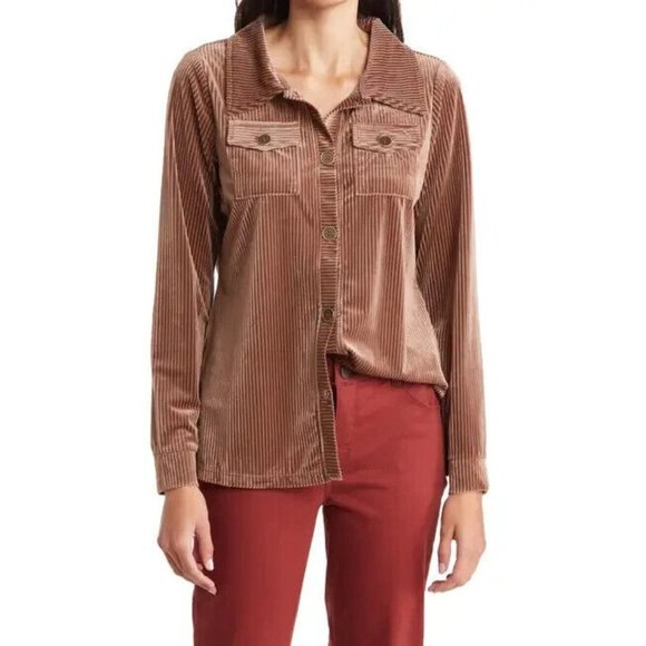 Belldini Tops - Belle Womens Corduroy Shirt Button Front Shacket Size Large Brown Stretch Pocket